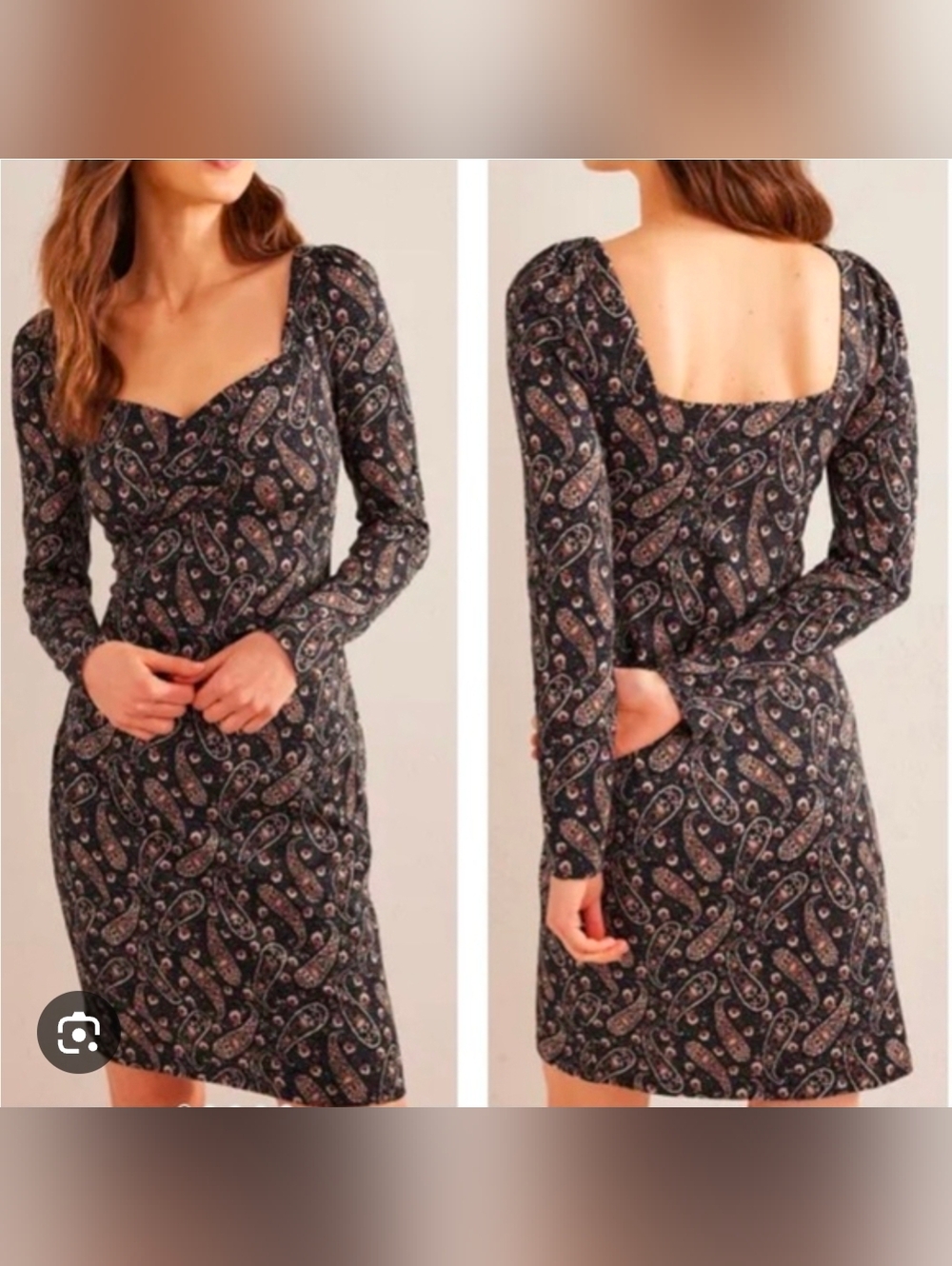 Boden Women’s Sz 6 Paisley Sweetheart Mini Dress Jersey Puff Long Sleeve